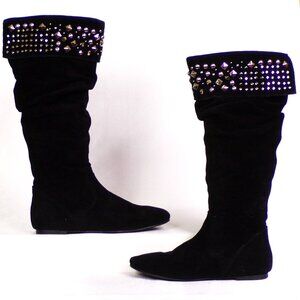 GIANNI BINI size 6.5M black suede mid-calf flat-heel slouch boots metal studding